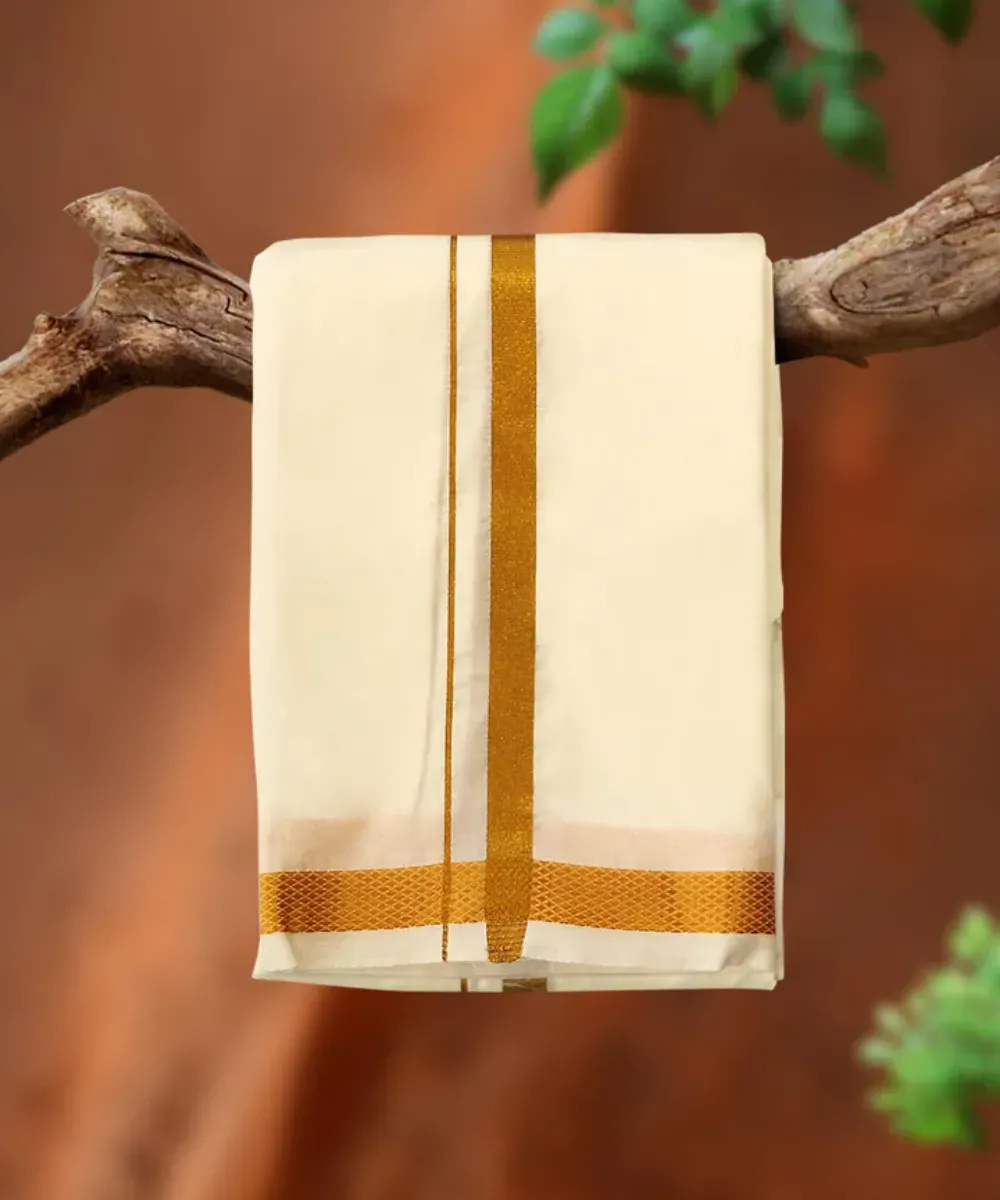 Pure Silk Cream Colour Dhoti with Jari Border – Kira Handlooms