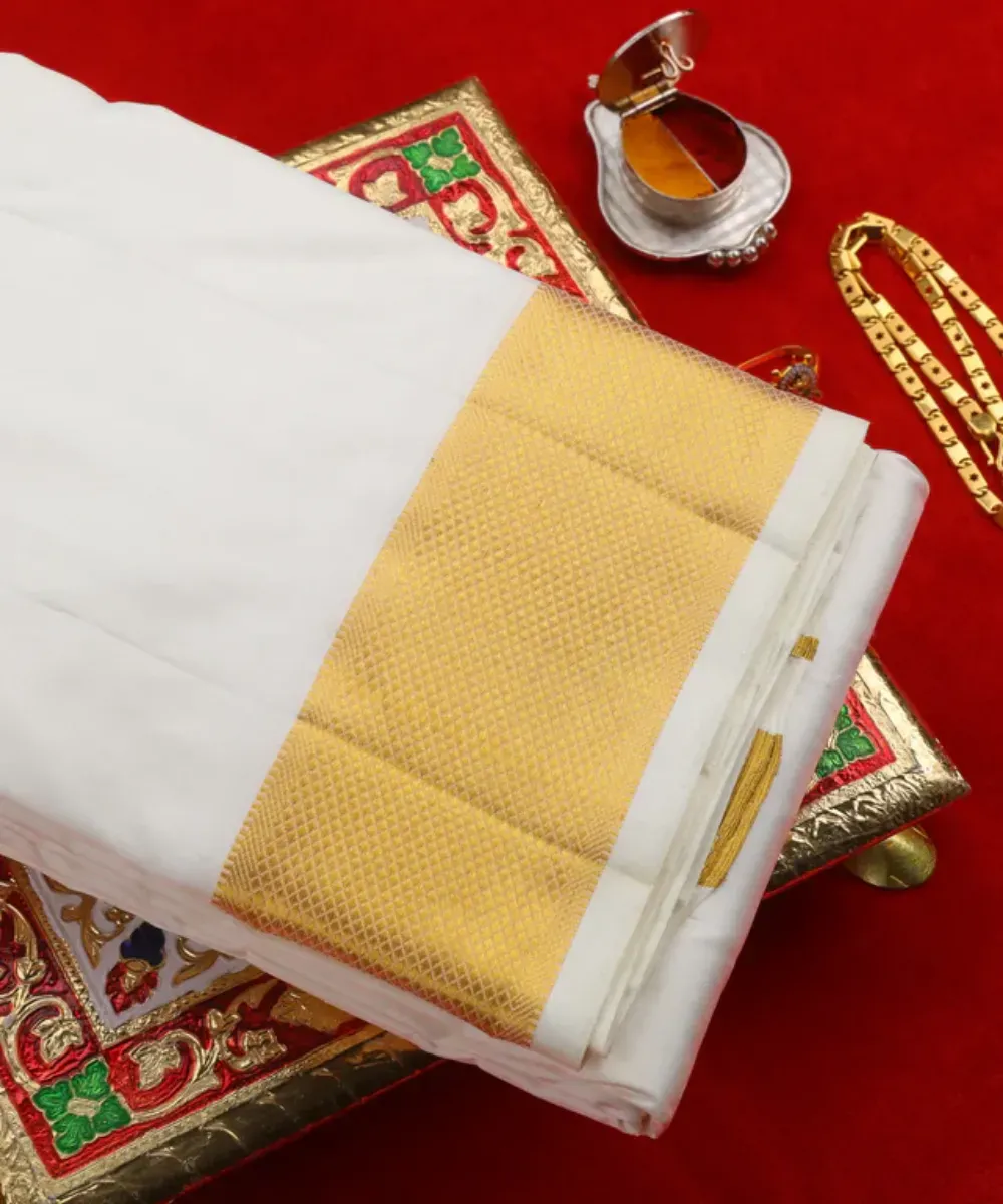 Silk Dhoti with White and Gold Border - Sara's Fashion