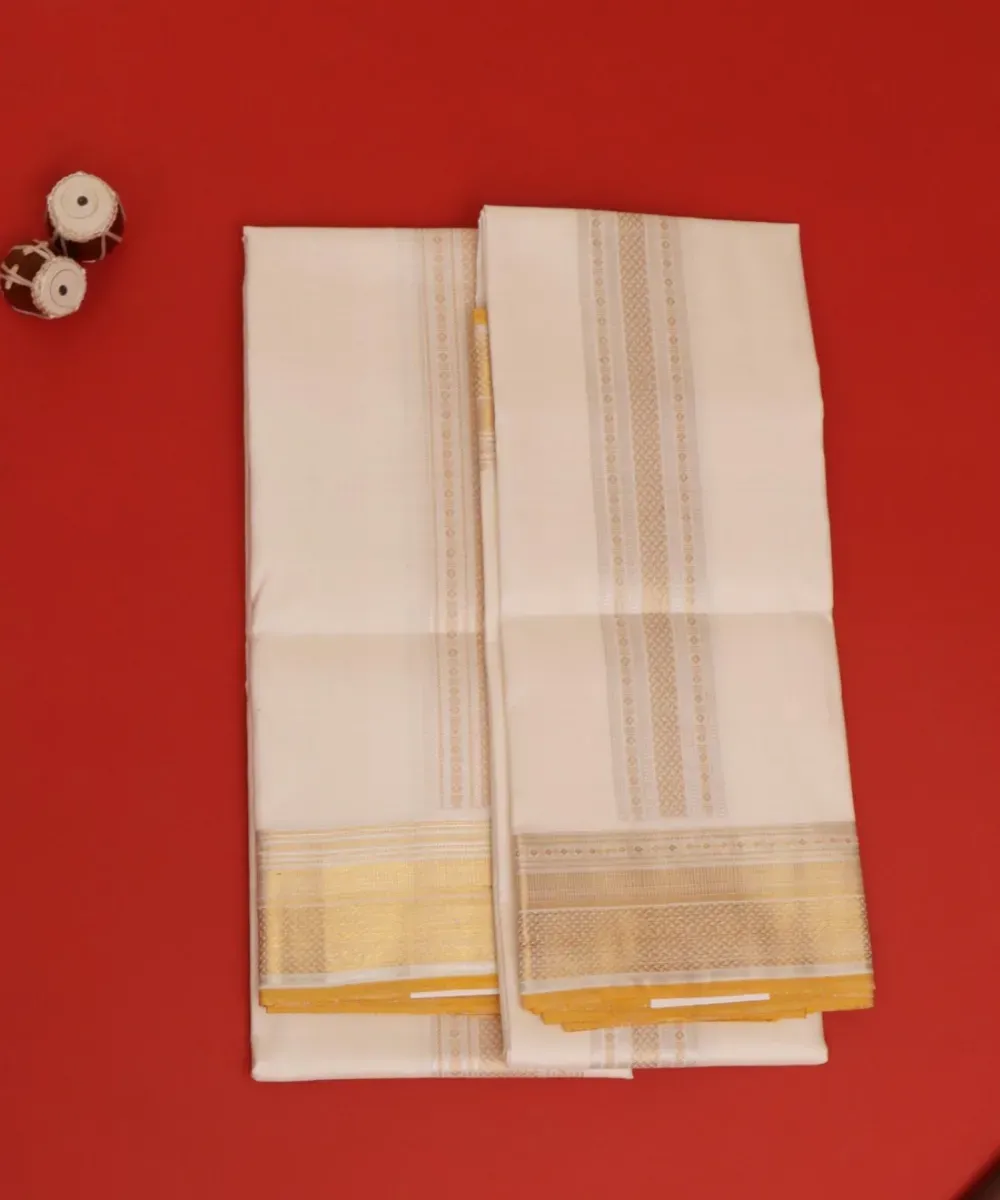 White Silk Dhoti with Yellow Border – Kira Handlooms
