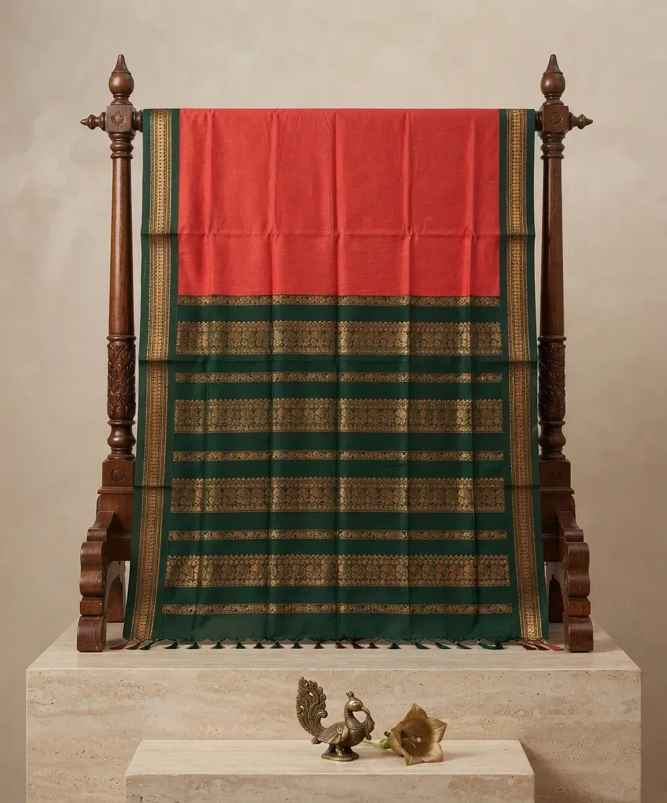 Kalyani  Gadwal Plain Saree orange with Green – Sarees | New Arrival | Kira Handlooms