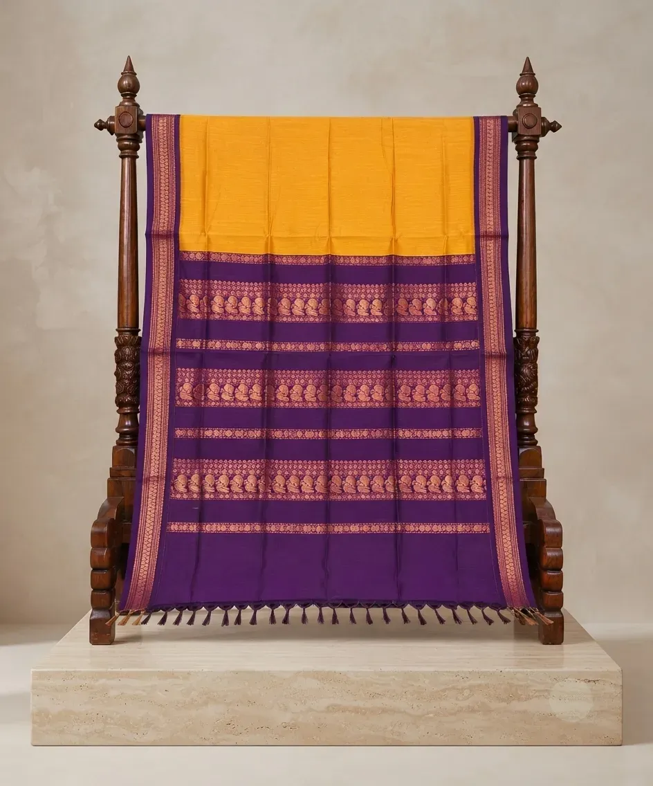 Kalyani Gadwal Plain Saree Yellow with Purple – Sarees | New Arrival | Kira Handlooms