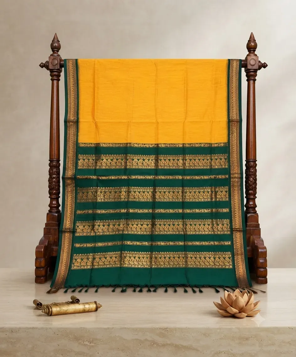 Kalyani Gadwal Plain Saree Yellow with Green – Sarees | New Arrival | Kira Handlooms