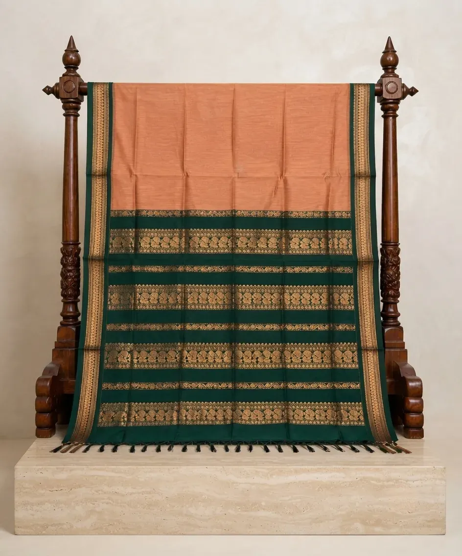 Kalyani Gadwal Plain Saree Light peach with Green – Sarees | New Arrival | Kira Handlooms