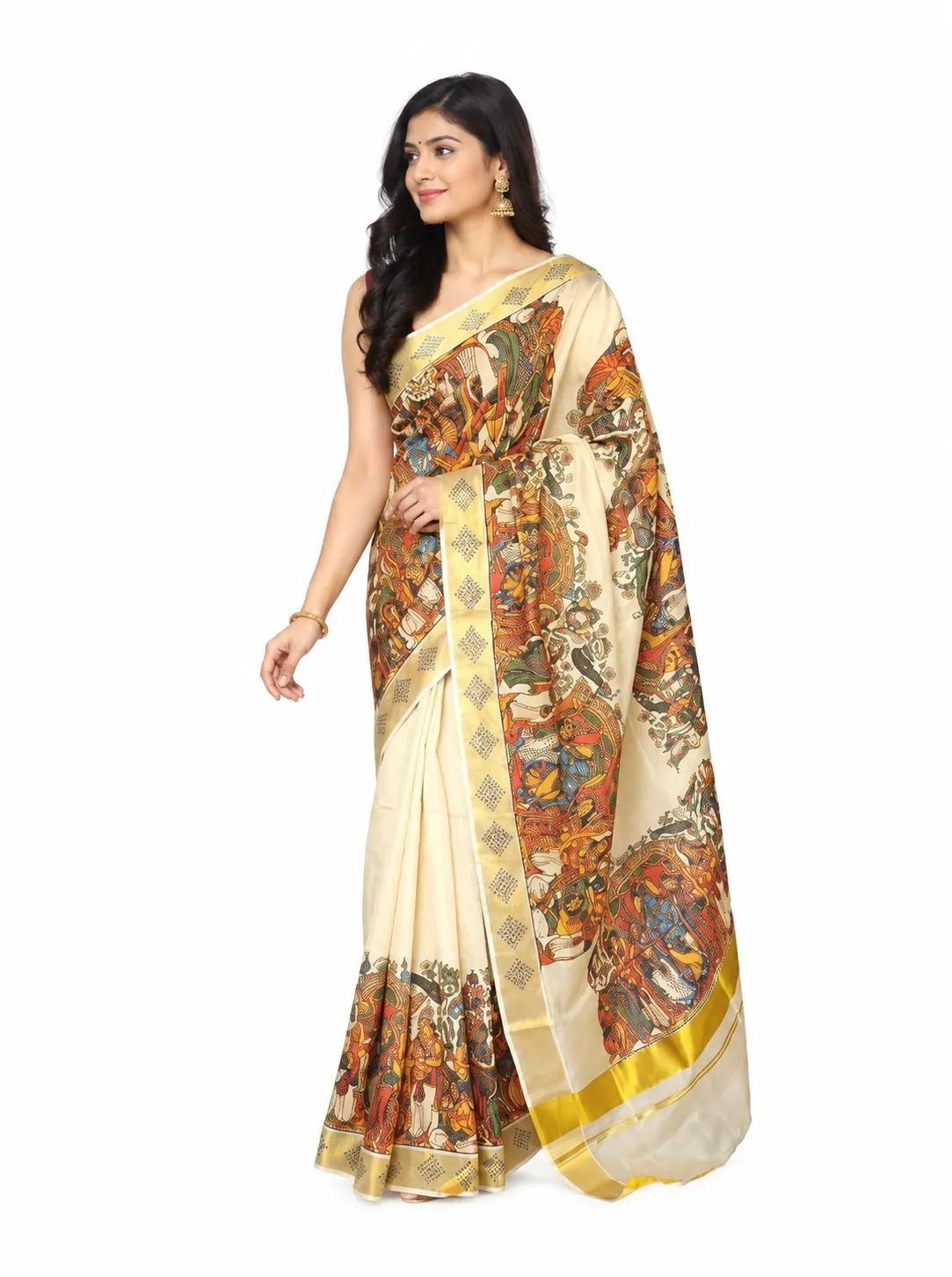 SEETHA KALYANAM Printed Tissue Cotton Kerala Kasavu Saree – Sarees | New Arrival | Kira Handlooms