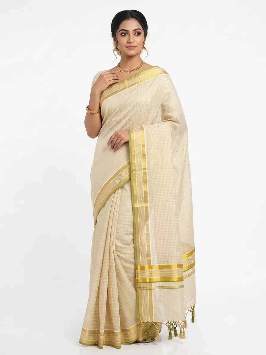 Green Check- Kerala Tissue  Sari with Kunjam-KIRA003 – Sarees | New Arrival | Kira Handlooms