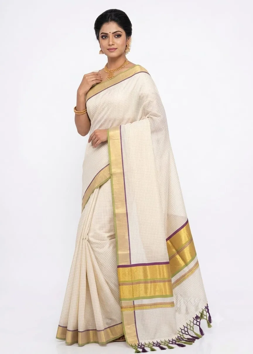Purple and Green  Tissue Kerala Kasavu Saree-KIRA002 – Sarees | New Arrival | Kira Handlooms