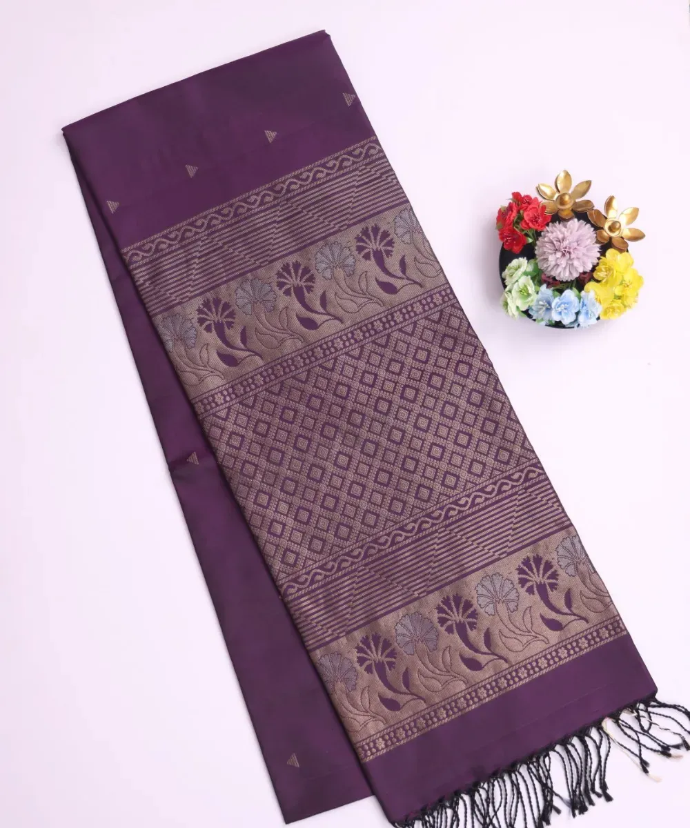 Dark Purple Silk Saree with Zari Border – Kira Handlooms