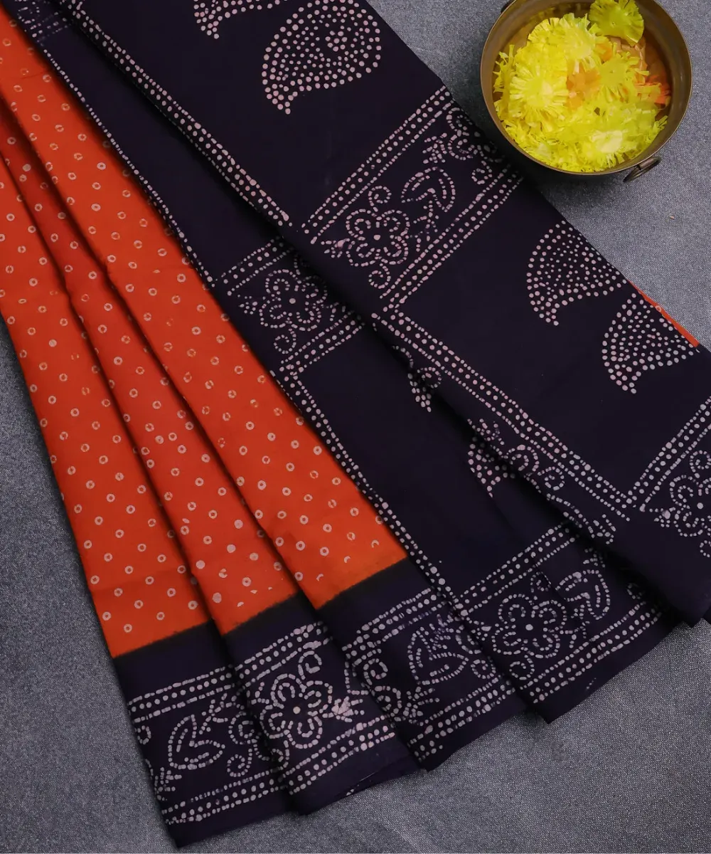 Orange and Navy Blue Sungudi Cotton Saree – Kira Handlooms